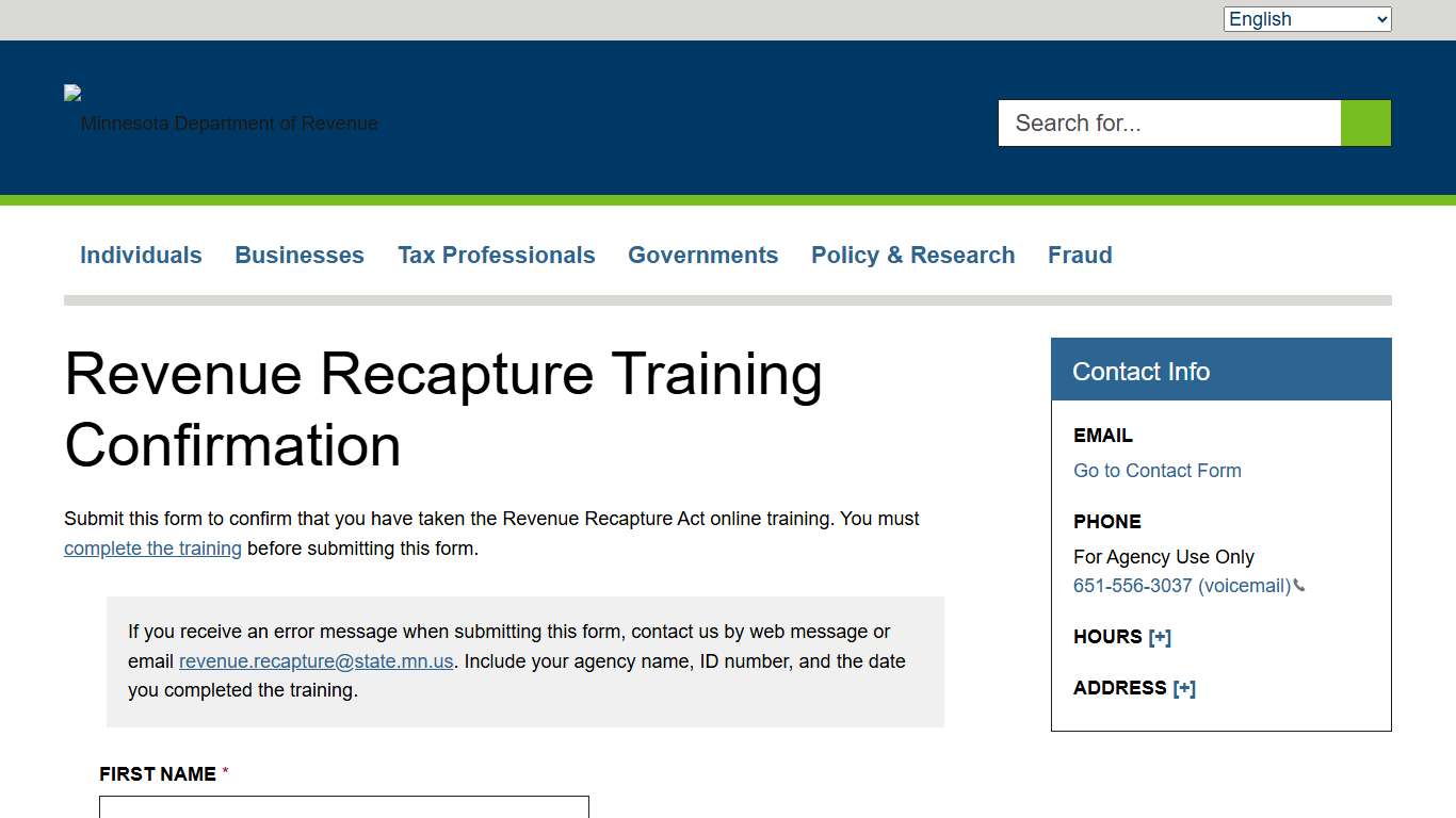 Revenue Recapture Training Confirmation Minnesota Department of Revenue